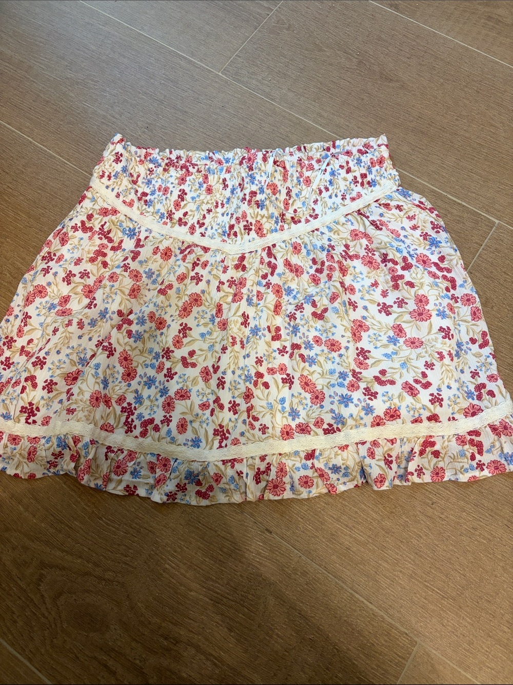 Floral Tiered Mini Skirt - White with Pink & Blue Floral Print